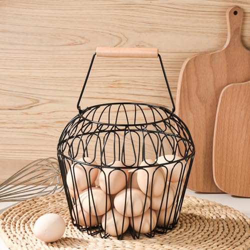Farmhouse Egg Baskets for Gathering Fresh Egg With Handle, Round Metal Chicken Basket Collecting Fresh Egg Holder for Countertop Kitchen
