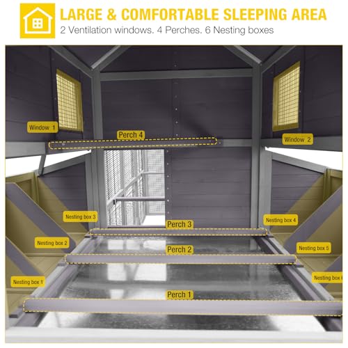 Aivituvin Extra Large Chicken Coop 137" L Hen House Duck Cage for 10-15 Chickens with Spacious Run, 6 Nesting Box, 6 Raised Perches (Grey, AIR46) - size: AIR46