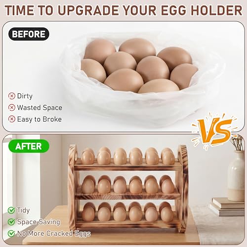 Egg Holder Countertop, 3 Tier /36 Hole Wooden Fresh Egg Storage Holder, Wood Collecting Tray Racks Engraved Farm Panel Rustic Farmhouse Organizer with Handle for Kitchen Easter Display Store