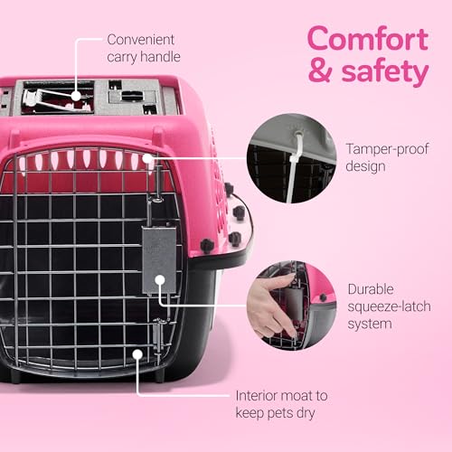 Petmate Dog Crates for Small Dogs & Cat Carriers, Two-Door Plastic Pet Kennel, Top & Front Loading, XS 19" For Dogs Up To 10 lb, Pink | Plastic pet kennel made in USA, for small pups and kittens, dual entry design, great for travel and vet trips, easy acc