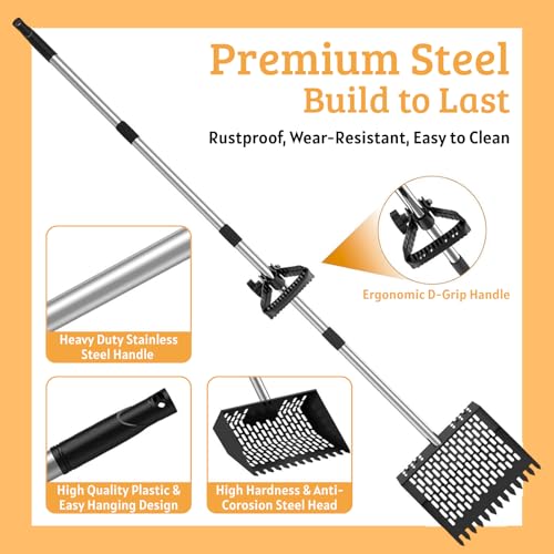 Metal Chicken Poop Scooper & Rake 2-in-1 Stainless Steel Shovel Head & Adjustable Handle with Ergonomic Grip Durable Sand Sifting Litter Shovel for Chicken Coops & Small Farm Animals