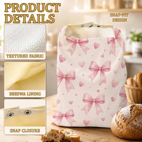 2 Pack Reusable Beeswax Pink Bow Bread Bags, Sourdough Bread Sweet Hearts Storage for Homemade, Freezer Storage Bag to Keep Fresh, Baguette Bag with Beeswax Liner Kitchen Baking - color: Pink Bow