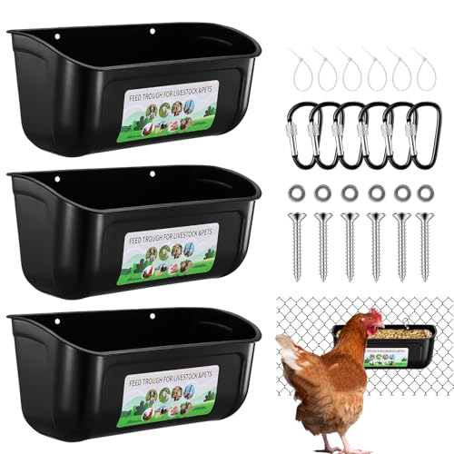 Chicken Feeder Waterer, 3 Pack Duck Feeder Supplies, Hanging Fence Feed Trough with Clips for Goat, Sheeple, Piglet, Gooses, Turkeys, Dog Livestock Poultry, Black - color: 3 pack Black