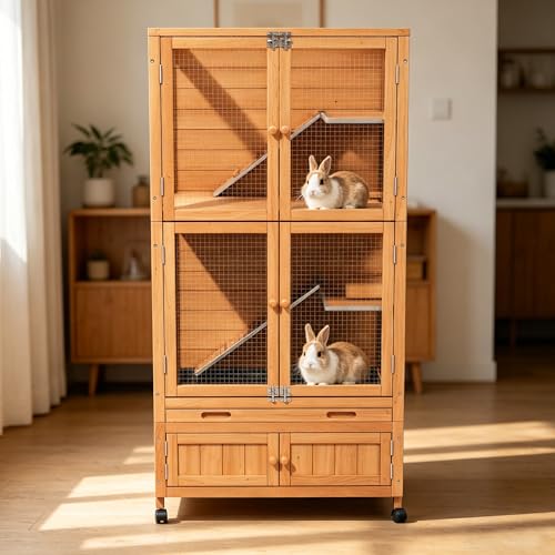 Wooden Rabbit Cage Indoor Outdoor, 2-Story Rabbit Hutch Bunny House with Chew-Proof Ramp, Leak-Proof Trays,Storage Cabinet & Wheels for Small Rabbits, Quails,Turtles(Wood2) - color: Wood2