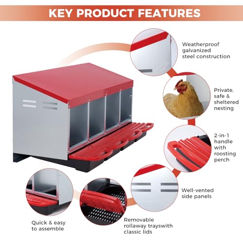 4 Hole Chicken Nesting Boxes, Weatherproof Galvanized Steel Chicken Egg Laying Box with Automatic Rollout Egg Collection, 2-in-1 Handle Perch, Easy Clean & Quick Assemble for Chicken Coop - color: Red, size: 30.7"L x 20.1"W x 20.1"H