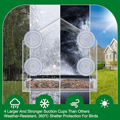 Clear Acrylic Window Bird Feeder with Strong Suction Cups | Extra deep 4.35" removeble tray, 2.36" heavy duty suction cup, bird feeder for window viewing, fits finches, cardinals - color: Black