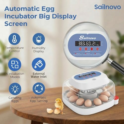 Sailnovo 12 Eggs Incubator, 4 Modes, Temp Control & Humidity Display, Blue | Built-in Candler, 360°View Window, Humidity Alarm, Dry Hatching, Easy Cleaning, Chicken Duck Quail eggs, Home Classroom Farm - color: Blue, size: 12 Eggs