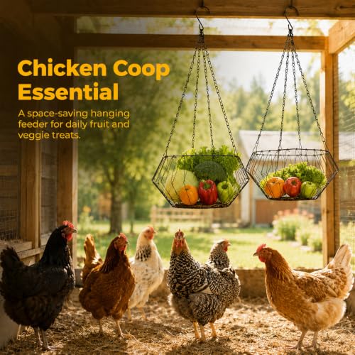 2 Pack Foldable Iron Hanging Chicken Feeder, 6.4 Inch Poultry Feeder Basket with Hanging Chains, Vegetable Hanging Feeder for Duck Rabbit Goose Coop Boredom Relief Toy