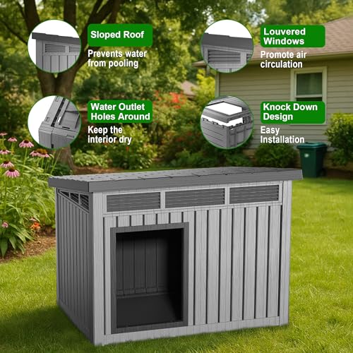 DRATO Outdoor Dog and Goat House, Grey | Resin, All-Weather, Durable Dog Kennel Outside, For Backyard, Farm, Pasture - color: Grey, size: 42.87*32.95*31.61
