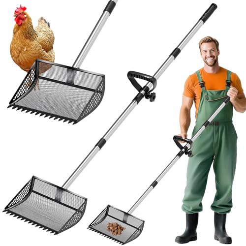 Chicken Poop Scooper Rake 2-in-1,304 Stainless Steel Shovel Head, Chicken Litter Scoop with Handle for Chicken Coop for Sand, Pet Waste Cleaning, Litter Sifting Shovel (35 to 65") (Black, 12inch) | Chicken Poop Scooper - color: Black, size: 12inch