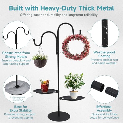 74" Shepherd's Hook Stand Plant，Wind Chime Hanger Stand, Bird Feeder,Waterproof Metal & Adjustable-Height Standing Pole Holder for Lantern and Wreath, Indoor & Outdoor