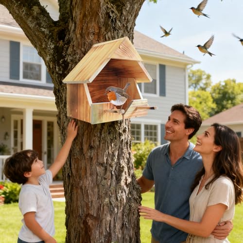 Robin Nesting Box - Premium Handmade Solid Wood Bird House for Outdoors | All-Weather Garden Gift to Attract Robins, Blackbirds, Wagtails | Easy to Mount & Clean
