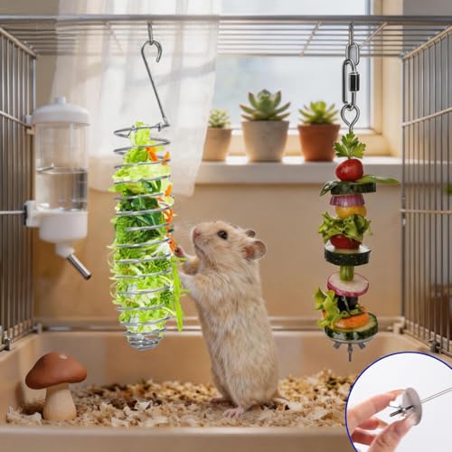 2 PCS Rat Enrichment Toys, Stainless Steel Hamster Foraging Toy, Hanging Fruit & Vegetable Holder for Mice, Rat Cage Accessories Chew-Proof Slow Feeder Puzzle Toy for Hamster, Bird