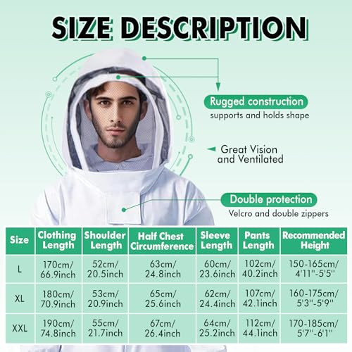 Honey Lake 31Pcs Beekeeping Supplies Starter Kit with Bee Suit – Includes Bee Smoker, Beehive Frame Holder, Frame Grip, Hive Tool, Bee Marking Pen & More Tools for Beginner Beekeepers (XL) - size: XL