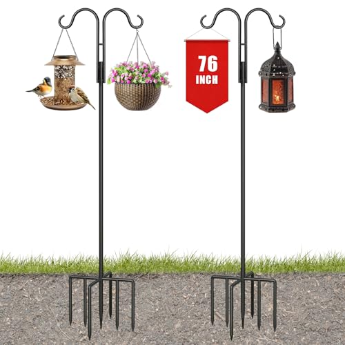 2 Pack 76 Inch Double Shepherds Hooks for Outdoor, Heavy Duty, 5 Prong Base | Shepherd hook set for bird feeders, Flower baskets, Lanterns, Nesting stations, Garden decor, Sturdy pole, Weather-resistant - size: 76IN 2PACK