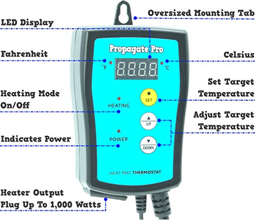 Plug in 1000 Watt Heating Thermostat Outlet 34-108°F by Propagate Pro 110V, 120V Heat Mat Heater Pad Temperature Controller for Starting Seeds, Reptiles, Egg Incubation + Beer Brewing/Wine Making