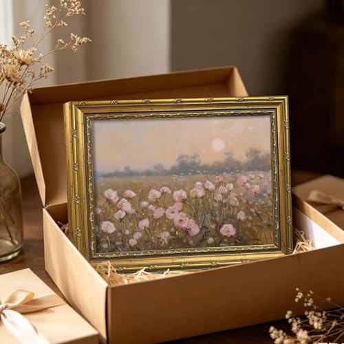DR.RiftArt Vintage Flower Pink Landscape Wall Art Floral Wall Decor | Pastel Wildflower Rustic Farmhouse Canvas Picture Painting Print for Bedroom Living Room Office 12x16 inch Gold Framed - color: Pink Wildflower, size: 16"L x 12"W
