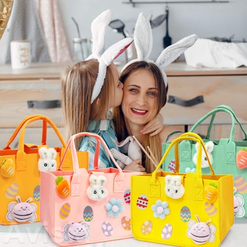 Aviski 4PCS Easter Egg Hunt Bags, Easter Bunny Gift Bags with Handles, Easter Treat Bags, Felt Easter Bags for Gifts Wrapping, Egg Hunt Game, Easter Party Supplies, 12" x7.8" x6.8"