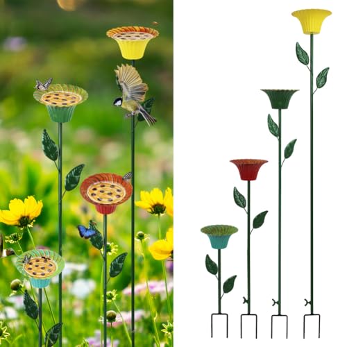 DREAMSOUL 4 Pack Metal Flower Bird Bath with Bee Watering Station | Shallow Basins Welcome Birds Bees and Butterflies Safely, Multifunctional Metal Tray, Weatherproof for Garden Use - size: 4PCS-E