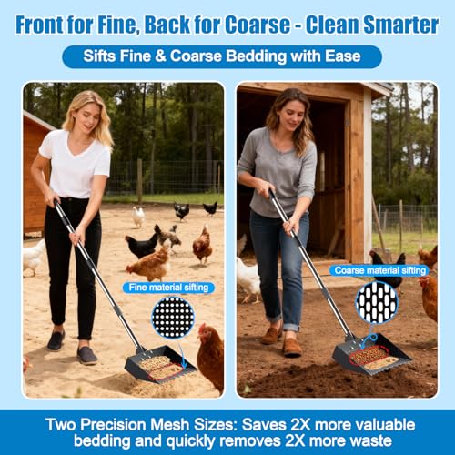 12-Inch 2-in-1 Chicken Poop Scooper & Rake, Chicken Coop Scoop with Adjustable Stainless Steel Handle （24–64"）, 3 Angles & 2 Sifting Holes, Litter Scoop Sand Sifting Shovel Pooper Scooper (Black) - color: Black