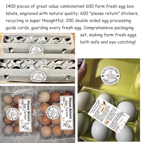 Egg Carton Label Kit, 1400 Pieces, Stickers and Handling Cards | 200 Egg Handling Instructions Stickers for Farm Fresh Eggs 600 Farm Fresh Eggs Stickers - color: Egg Set
