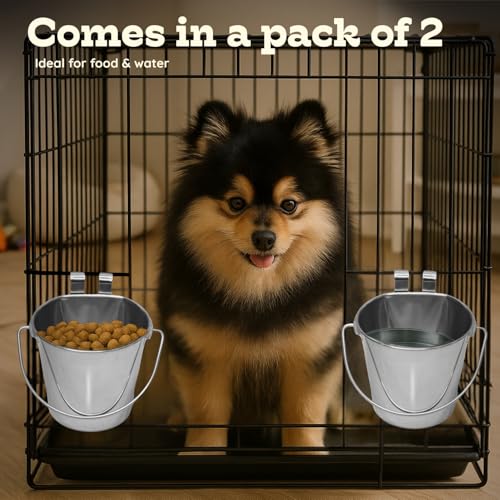 4 Quart Stainless Steel Flat Sided Bucket with Dual Hooks | 2 Pcs Durable Food & Water Bowl for Dogs Cats Goat & Livestock | Fits kennel Cage Critter Crate Hanging Pet Pail | Multipurpose - size: 4 Quart (Pack of 2)