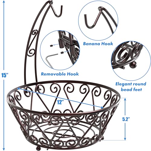 SimpleHouseware Fruit Basket Bowl with Banana Tree Hanger, Bronze - color: Bronze