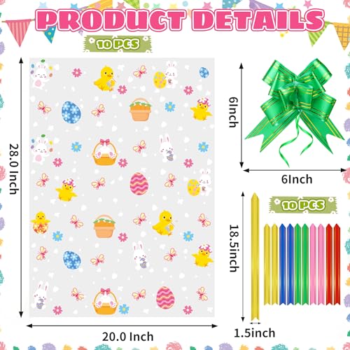 Soarvita 10PCS Large Easter Basket Bags with Bows: 20×28 Inch Clear Cellophane Wrap for Gift Baskets - 2.8 Mil Thick Easter Cellophane Bags for Oversized Toys Holiday Hampers and Gift Wrapping