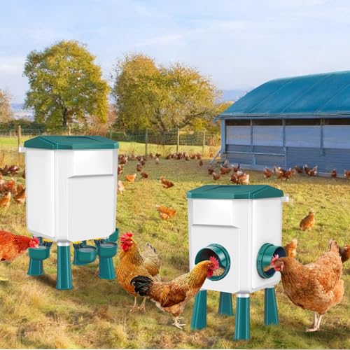 Auto No Waste Chicken Feeder and Waterer Set 2 Gallon/17.6 Pounds | Sturdy & Durable Chick Feeder and Waterer Set, Poultry Feeder Large for Hens/Ducks/Poultry - color: Blue