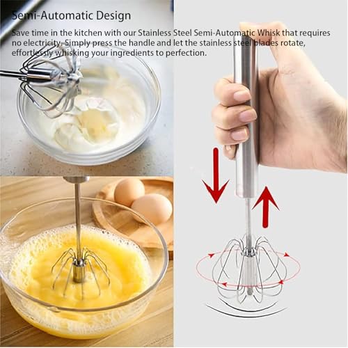 Stainless Steel Semi-Automatic Whisk Set of 2, Push Egg Whisks Hand Mixer for Eggs, Milk, Kitchen Manual Blender (10&12 Inch) - color: Silver1 (10&12in)