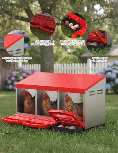 GarveeLife Chicken Nesting Box 3 Hole, Galvanized Steel Nest with Roll Away Egg Collection & Swing Perch, Easy-Clean Laying Box for Hens, Heavy Duty Design for Chicken Coop - color: Red, size: 3 holes