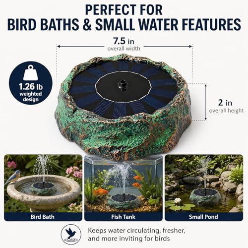 Solar Fountain for Bird Bath Vintage Copper Patina Faux Rock Water Pump with 6 Nozzles Small Solar Powered Bird Bath Water Bubbler Hummingbird Fountain Birdbath for Garden Fish Tank and Pond