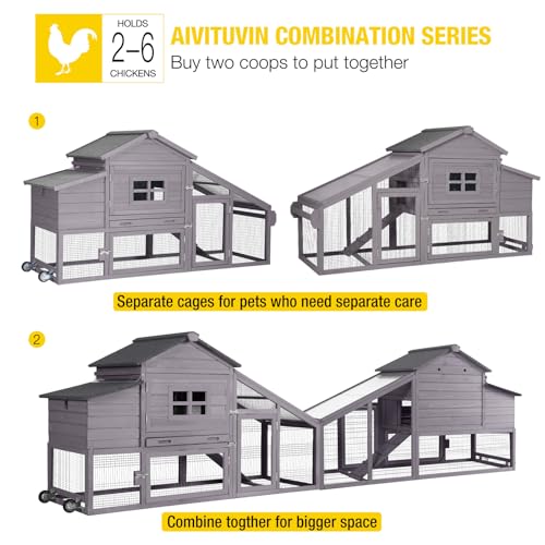 Aivituvin Mobile Chicken Coop with Wheels for 2-4 Chickens, Backyard Expandable Chicken House Duck Cage with Run, 2 Nesting Boxes, Easy Clean Pull-Out Tray, Leak-Resistant Asphalt Roof, 72.3"(Grey) - color: Grey, size: 72.3"L x 26.0"W x 39.4"H