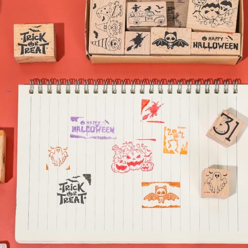 JarThenaAMCS 16Pcs Halloween Wooden Rubber Stamps Set 11 Pcs Spooky DIY Craft Card Stamps Pads with 5 Mixed Ink Pads for Party Gift Decor Scrapbooking Cards Making - style: Halloween