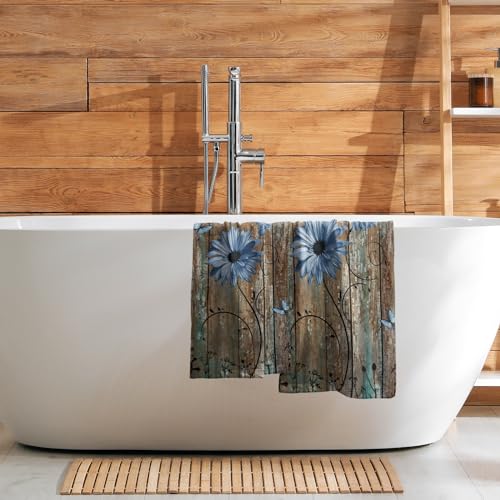 Giwawa Rustic Barn Sunflower Wooden Hand Towel 15x30 Set of 2, Fall Blue Daisy Flower Plank Fingertip Towel Retro Board Face Towel Country Barnwood Washcloth for Bathroom Farmhouse Log Cabin - color: Board Daisy Blue