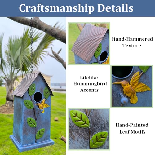 Metal Bird House for Outside - Elegant & Durable Hanging Birdhouse with Rustic Brown Roof & Vibrant Blue Design - Includes S-Hook for Easy Hanging (23.46in Tall)