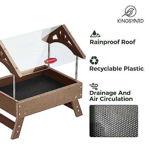 Kingsyard Covered Platform Ground Bird Feeder for Outdoors, Brown | Rain-Resistant Roof, Weather-Resistant Recycled Poly Lumber, Metal Mesh Bottom, Foldable Legs, Tool-Free Assembly - color: Brown