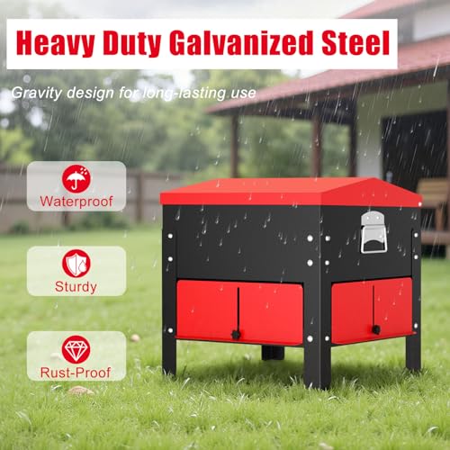 80lbs Automatic Chicken Feeder, Heavy Duty Galvanized Steel Poultry Feeder, Weatherproof & Secure-Lid for Outdoor Use, No Waste & Rodent-Proof for Chickens, Ducks, Turkeys - color: 80lbs-Red
