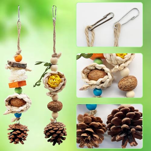 Natural Bird Chewing Toys with Pinecone Nuts and Corn, Wooden Cage Toy for Small to Medium Sun Conure Budgerigar Pacific Parrotlet