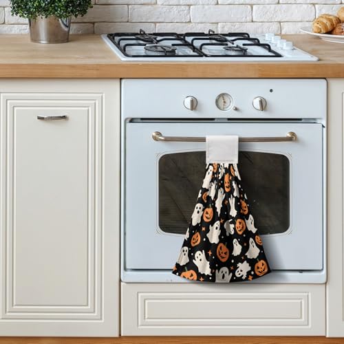 Halloween Ghost Pumpkin Hanging Kitchen Towels Set of 2 Spooky Scary Hand Towels with Hanging Loop Seasonal Holiday Oven Stove Dish Washcloths Soft Absorbent Bath Tie Towel - color: Halloween Ghost Pumpkin
