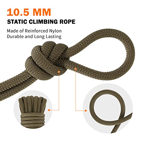 AOLEBA 10.5 mm Static Climbing Rope 10M(32ft) 20M(64ft) 30M(96ft) 50M(160ft) 70M(230ft) Outdoor Rock Climbing Rope, Escape Rope Ice Climbing Equipment Fire Rescue Parachute Rope - color: Brown, size: 160ft