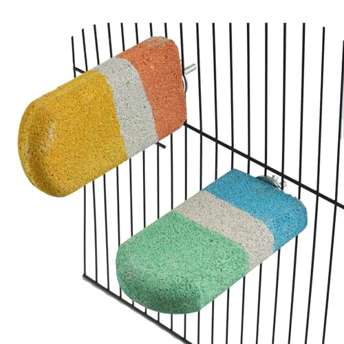 2pcs Bird Beak Grinding Calcium Stone Perch Parakeet Chewing Toy Lava Stand | Cockatiel Chicken Foot Claws Nail Trimmer,Parrot Cage Platform,Volcanic Rock Mineral Block,Small Medium Budgies Conures Rats
