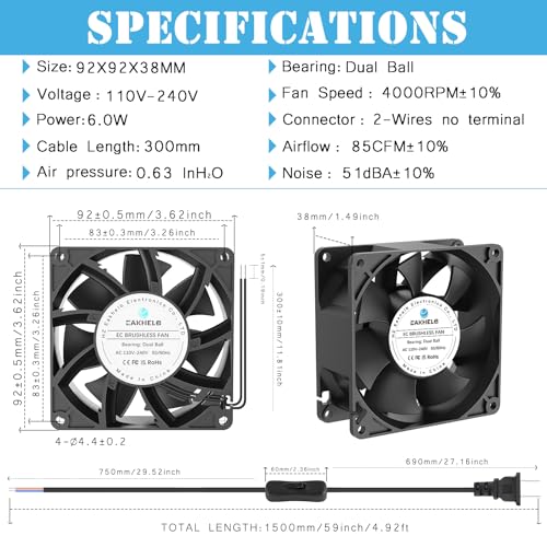 EC 9238 Axial Fan，92x92x38mm Muffin Fan, 110V 120V 220V 240V AC 92mm x 38mm Cooling Fan, Dual Ball Bearing with AC ON/Off Switch Extender Cable,for DIY Cooling Ventilation Exhaust Projects - size: 92mmx38mm Pressurized