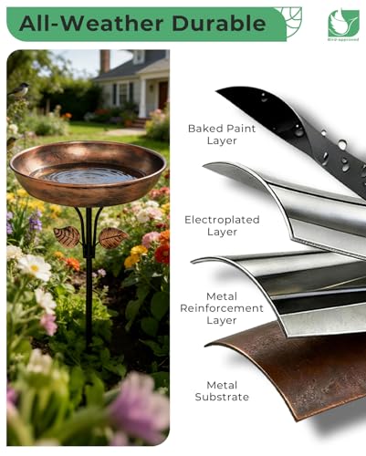 12" Bird Bath for Outside with Stake, Metal Garden Birdbath | 0.7 Gal Capacity, 2" Shallow Bowl, Rust Resistant Metal, Easy Cleaning, Garden Yard Patio Decor