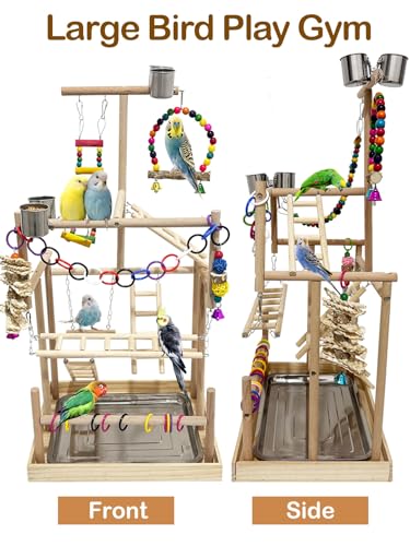 5 Layers Large Bird Playground Natural Wood Parrot Play Stand Birds Perch Stand Gym Parakeet Birds Cage Accessories with Removable Tray and 4 Stainless Steel Cups for Cockatiel Cockatoos Finch