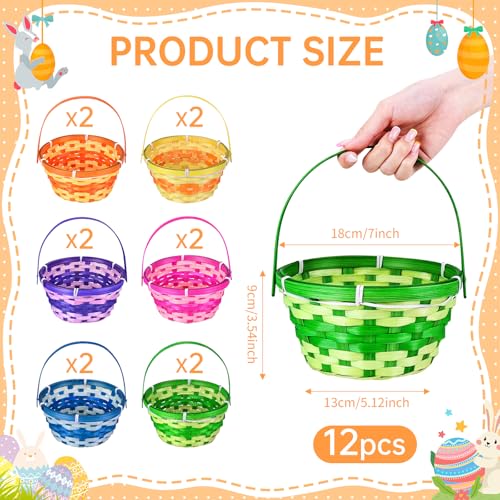 12 Pcs Easter Bamboo Baskets Woven Goodie Baskets with Handle for Easter Egg Hunt, Wicker Woven Candy Toys Storage Baskets for Picnic,DIY Crafts, Spring Decor, Party Favors Decor(12)