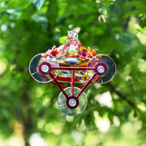 Window Hummingbird Feeder - Hand Blown Glass Mounted Hummingbird Feeder with Strong Suction Cups for Outdoor Window Mount (Red) - color: Red
