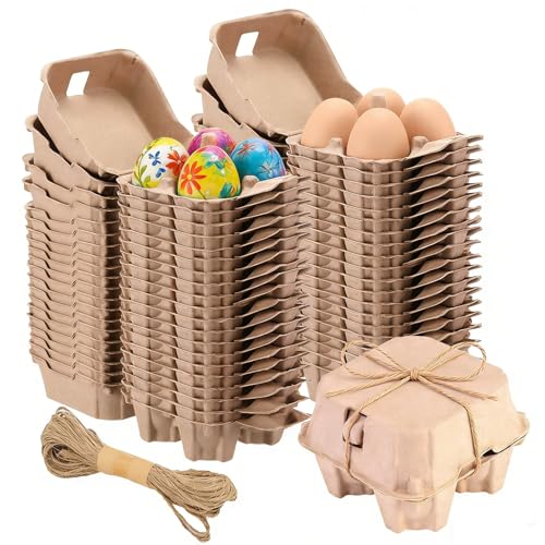 20 Pack Half Dozen Egg Cartons with Jute Twine，Cheap Bulk Empty Natural Pulp Eashter Eggs Storage Case，4 Count Square Eggs Cardboard Tray Holder for Family Farm Market Farm Storing
