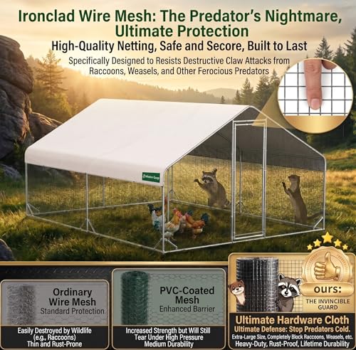 Metal Chicken Coop with Hardware Cloth, Walk-in Poultry Cage for Hen Duck | Hardware Cloth, Solar Light Included, UV-Resistant Waterproof Cover, Large Walk-in Space for 15-20 Birds - size: 156.2"L x 118.4"W x 78.0"H