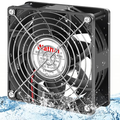 Wathai 120mm x 38mm 12V DC IP68 Waterproof Exhaust Fan Dual Ball 116CFM | Dual Ball Bearing, 3000 RPM, 6W, 2Pin for RV Refrigerator, Amplifier, Outdoor Equipment, Camper - style: IP68 120x38mm